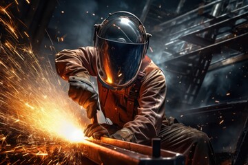 Industrial worker welding metal steel structure in a factory.