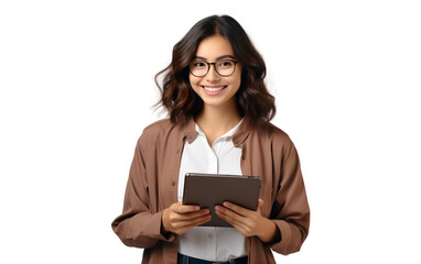 young Asian woman, company worker in glasses, smiling and holding digital tablet, standing over a transparent background