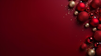 Chic New Year's balls and toys on a red background on Christmas Eve, copy space.