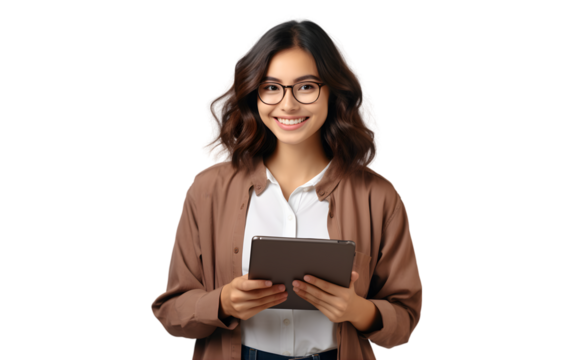 young Asian woman, company worker in glasses, smiling and holding digital tablet, standing over a transparent background