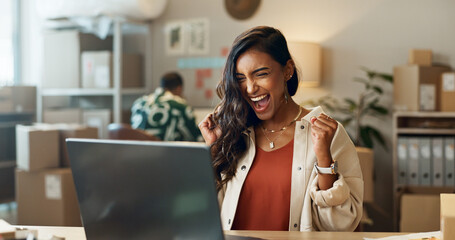 Business woman, logistics celebration and online startup success for e commerce sales, profit and...