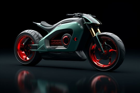 Futuristic e-bike with green hue, highlighted by red accents. Generative AI