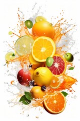 Realistic fruit juice splash burst composition with spray images and ripe tropical fruits on blank