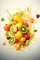 Realistic fruit juice splash burst composition with spray images and ripe tropical fruits on blank