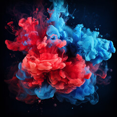 Fototapeta premium Acrylic blue and red colors in water. Ink blot. Abstract black background