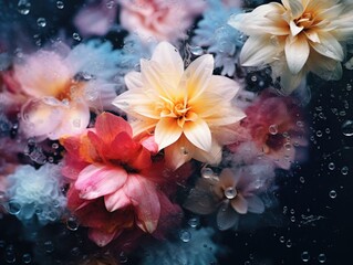A bunch of flowers that are sitting in the rain. Generative AI.
