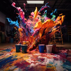 A bunch of buckets of paint on a floor. Generative AI. - obrazy, fototapety, plakaty