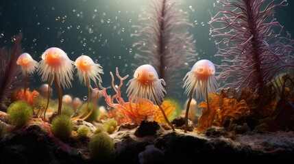 Fototapeta na wymiar A group of jellyfish-like organisms swimming in an aquarium. Generative AI.