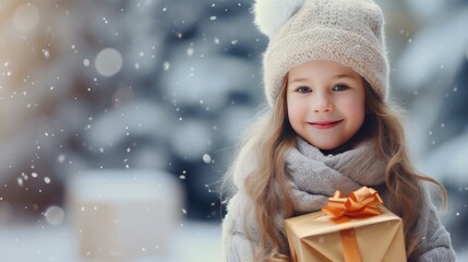 Pretty smiling girl in hat holding Christmas gifts while standing against background of decorated Christmas tree outdoors on snowy winter holiday day