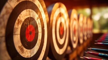 At the archery shooting range, arrows fly towards their target - obrazy, fototapety, plakaty
