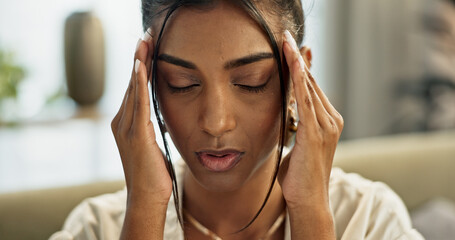 Face, woman and stress in home for headache, anxiety and breathing for mental health, fatigue and...