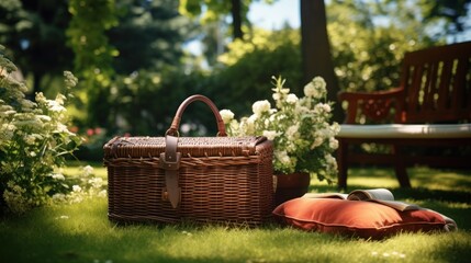 Amidst lush garden grass, a picnic basket awaits, inviting moments of leisure and enjoyment under the sun