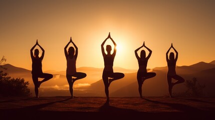 As the sun rises, silhouettes strike yoga poses, harmonizing with nature's beauty