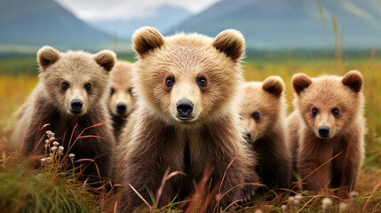 Group of baby brown bears in the wild
