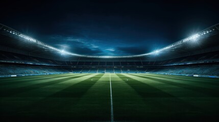 Fototapeta na wymiar A professional soccer pitch glistens under stadium lights