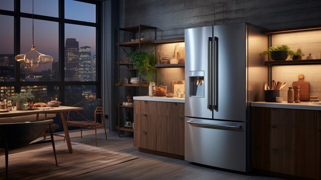 A sleek stainless steel refrigerator stands tall, offering modern cooling solutions