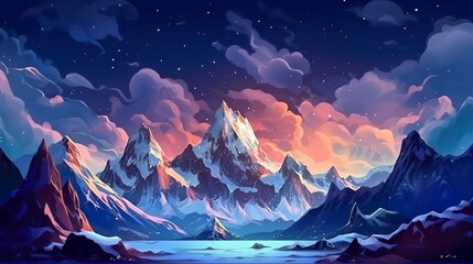 Snow peaks and glaciers on the dark sky landscape illustration.