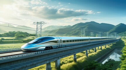 The high-speed bullet train zooms across landscapes, epitomizing modern transportation - obrazy, fototapety, plakaty