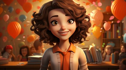 Beautiful young primary school teacher at school in the office in a cartoon bright style
