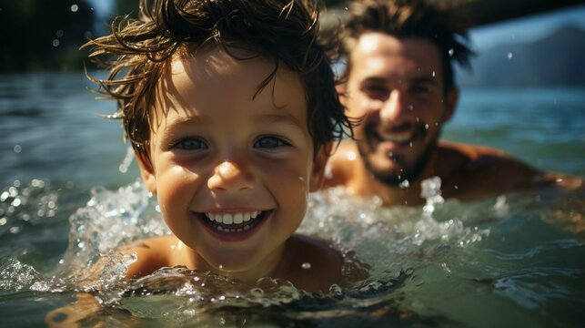 Father and son smile and laugh joyfully, father hugs and teaches his son to swim in the water in the sea or pool, concept of fatherly love and education