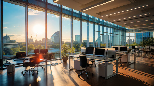 Modern office spaces shine with sleek designs, promoting productivity and collaboration