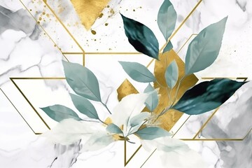 Geometric poster with watercolor, gold, marble elements and leaf on white background. Abstraction geometrical print. Generative AI