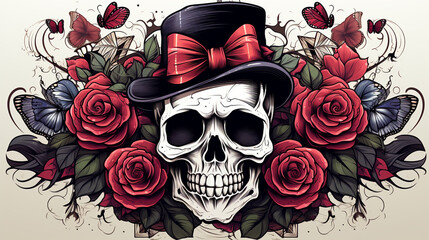 Skull wearing a hat with a bow and roses