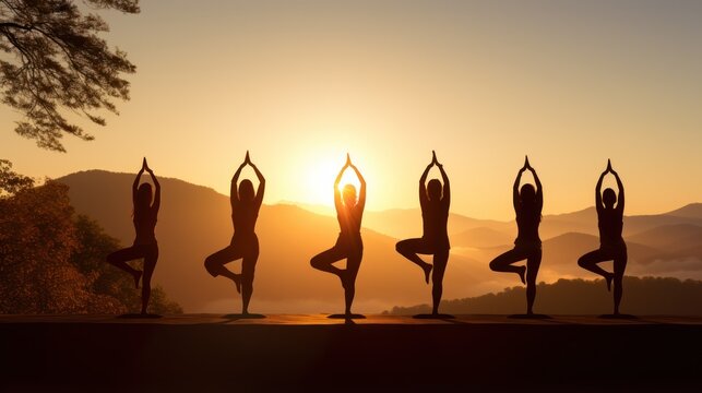 As the sun rises, silhouettes strike yoga poses, harmonizing with nature's beauty