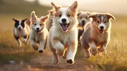 Cute puppies of various breeds playfully romp, capturing hearts with their innocence
