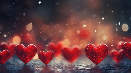 Vivid red hearts shimmer on a textured background, sprinkled with sparkles