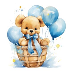 A watercolor baby teddy bear is sitting in the basket with blue and gold balloons. - obrazy, fototapety, plakaty