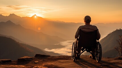 Amidst the grandeur of mountains at sunset, a disabled man in a wheelchair gazes into the horizon, embodying resilience and hope