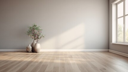 Fototapeta na wymiar A classic room, empty yet inviting, showcases wooden floors and gray walls in a minimalist style