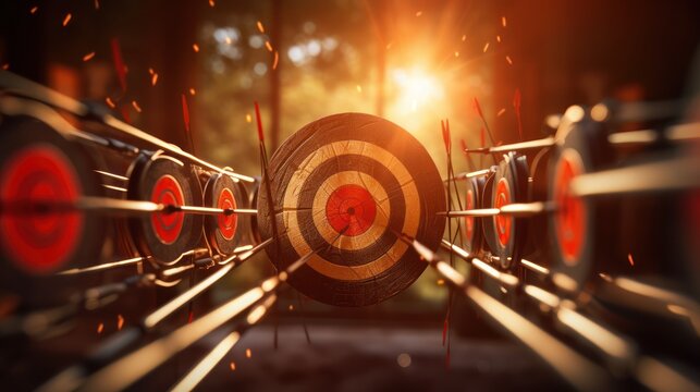At the archery shooting range, arrows fly towards their target