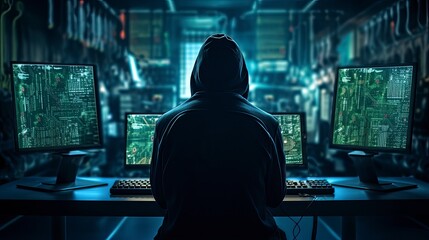 Hacker. A glimpse into the world of cyber conspiracies. - obrazy, fototapety, plakaty