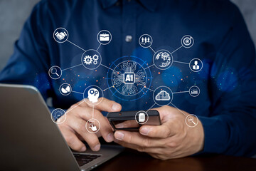 Businessman using chatbot in computer smart intelligence Ai.Chat GPT Chat with AI Artificial Intelligence, developed by OpenAI generate.