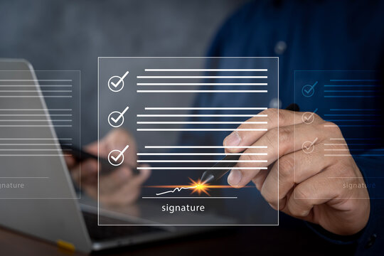 Ideas for electronic signatures, remote business, mobile phones and contract holograms for signatures. Remote Collaboration, Copy Space.