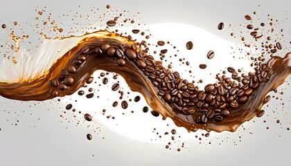 Wave of splashing coffee with coffee beans on white background 