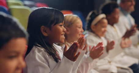 Students, applause and children with science, experiment and excited with happiness, learning and teaching. Youth, group and kids with joy, clapping and education with knowledge, chemistry and smile
