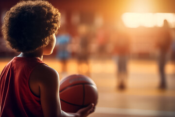 Photography of a child is holding a basketball in a gym , sport court in P.E. class of an...