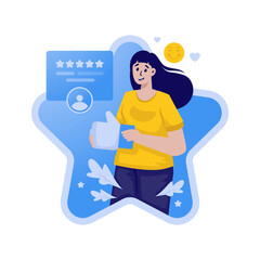 A woman gives feedback like sign and star rating vector illustration