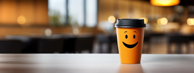 Take away coffee cup with a smiley on it's side against a blurry cafe interior - obrazy, fototapety, plakaty