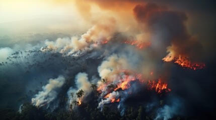 Great wildfire burning the a large forest, global crisis of climate change, protecting the world from global boiling crisis.