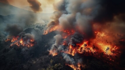 Fototapeta na wymiar Great wildfire burning the a large forest, global crisis of climate change, protecting the world from global boiling crisis.