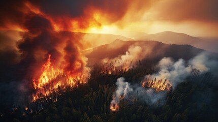 Great wildfire burning the a large forest, global crisis of climate change, protecting the world...