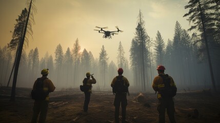 Volunteers using drone to survey flight to help extinguish forest fires in great wildfire. - obrazy, fototapety, plakaty
