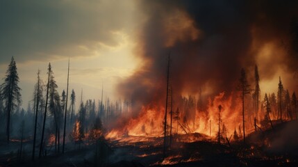 Great wildfire burning the a large forest, global crisis of climate change, protecting the world from global boiling crisis.