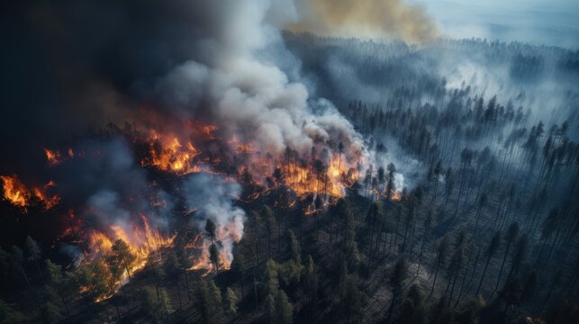 Great wildfire burning the a large forest, global crisis of climate change, protecting the world from global boiling crisis.