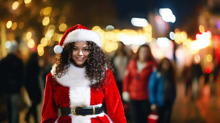 Fototapeta premium Young woman in Santa hat and festive dress, smiling in holiday crowd. City setting with decorations, creating a joyful atmosphere.