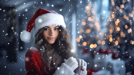 Young woman in Santa hat and red coat enjoys snowy holiday atmosphere.